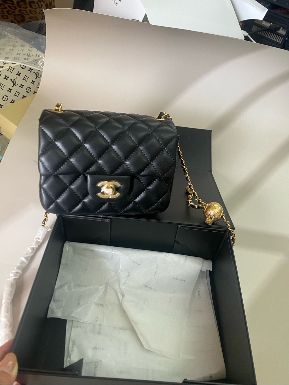 Black Quilted Chain Crossbody Bag with Gold Hardware